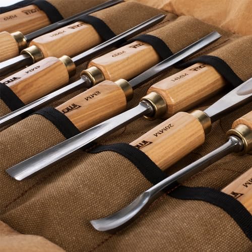 12-Piece Wood Carving Chisel Tools Set, Sharp CR-V Steel Blades | Precision woodworking tool kit with ash handles & canvas bag. Razor sharp 60CR-V blades for beginners and professionals - size: 12-Piece with Ash Handle