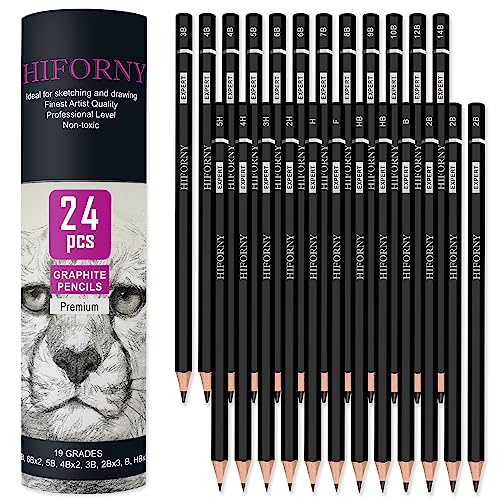 HIFORNY 24-Piece Graphite Sketching Pencil Set - 14B-5H, Ideal for Beginners & Artists
