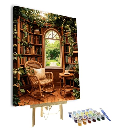 TUMOVO Paint by Numbers Kit for Adults, Paint by Number for Adults Beginner - Library & Greenery Scene with Books and Plants, Premium DIY Art Canvas for Home Decor, 16x20 Inch(Framed) - color: Library(Framed)