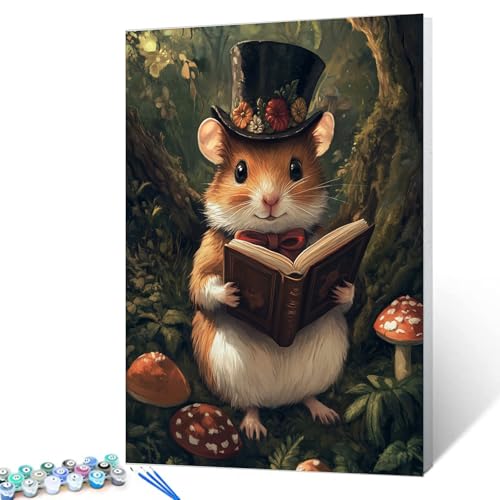 Animals Reading Book DIY Paint by Numbers for Adults and Kids Hamster in The Forest Paint by Number Kit on Canvas for Beginners Home Wall Decor Living Room Bedroom Gifts 16"x20" (Frameless) - color: Hat Animal-08, size: 16''x20''(Frameless)