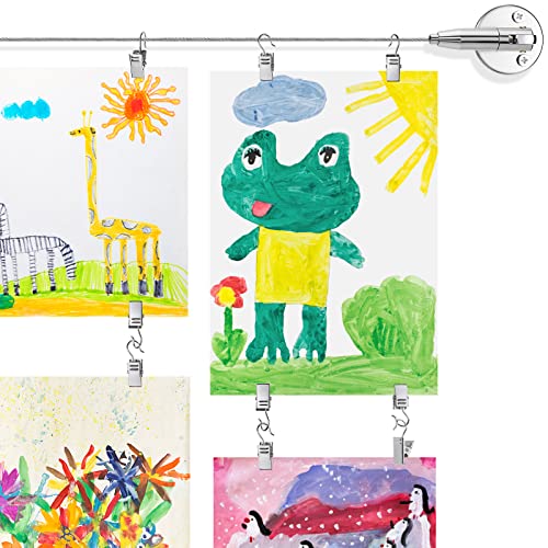 Sratte Art Display for Kids Picture Artwork Steel Wall Hanging Kit with 50 Clips and 10 ft Wire Kids Art Collage Pictures Holder Wall Hanging Decoration for Room Bedroom Playroom Classroom