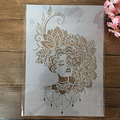 TIAMECH A4 Reusable Mandala Lady Stencil for Painting | Jewellery Flower Hairstyle Lady Layering Template, DIY Wall Art, Wood Furniture, Scrapbook & Crafts (8.3x11.7inch) - style: Jewellery Girl