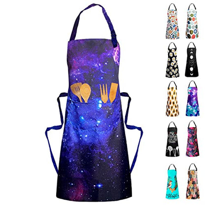 Adjustable Waterproof Apron Bib Apron with 2 Pockets Cooking Kitchen Aprons for Women Men Chef - color: Galaxy Apron