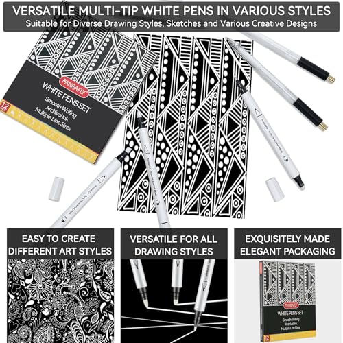 PANDAFLY 12 Pack White Pens Set, White Gel Pens, Dual-Tip Acrylic Paint Pen | Opaque Brush Tip Acrylic Markers for Black Paper Drawing, Sketching, Illustration & Card Making, Bullet Journaling