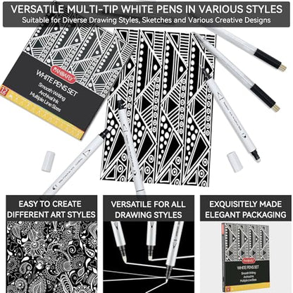 PANDAFLY 12 Pack White Pens Set, White Gel Pens, Dual-Tip Acrylic Paint Pen | Opaque Brush Tip Acrylic Markers for Black Paper Drawing, Sketching, Illustration & Card Making, Bullet Journaling