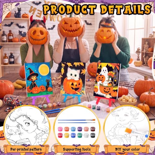 Blosssound 10 Set Halloween Pre Printed Canvas for Painting 5x7, Vintage | Sip and Paint Kit, Halloween Pre Drawn Outline Canvas with Wood Easels, Acrylic Paints, Beginner Friendly DIY Project - style: Vintage Halloween