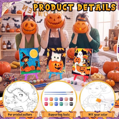 Blosssound 10 Set Halloween Pre Printed Canvas for Painting 5x7, Vintage | Sip and Paint Kit, Halloween Pre Drawn Outline Canvas with Wood Easels, Acrylic Paints, Beginner Friendly DIY Project - style: Vintage Halloween