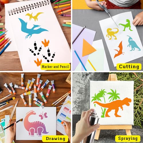 80 Pcs 5 x 5 Inch Stencils for Painting on Wood, Reusable Dinosaur Animal Mountain Plastic Stencils DIY Craft Paint Template Set for Wall Card Rock Home Decor - style: Dinosaur