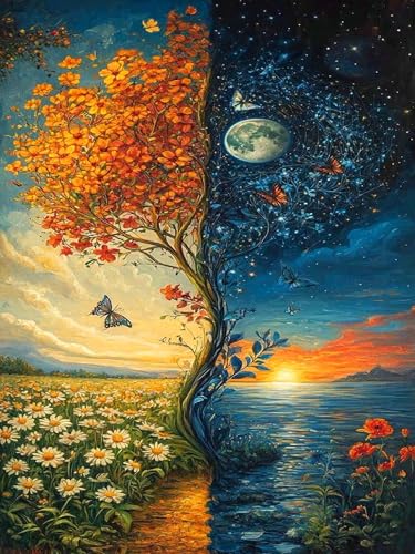 Diamond Art Kits for Adults, Tree of Life Diamond Painting Kits for Adults | Sun and Moon Stress Relief Full Round Drill Heartfelt DIY Gift Strong Adhesive Wall Decor HD Canvas 11.8x15.7in 30x40cm - color: Sun and Moon Tree, size: 11.8x15.7 in(30x40 cm)