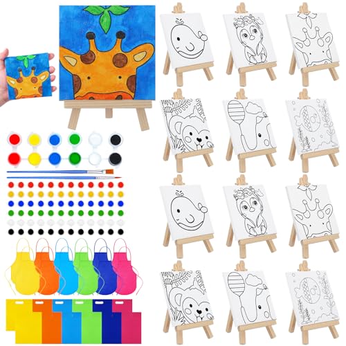 Tenceur 48 Pcs Kids Paint Party Favors Sets with 12 Pcs Animals Pre Drawn Canvas Panel and Wooden Easel Set Paint Pots and Brushes 12 Mini Apron and Tote Bag for Kids Girls Student Boys - style: Stylish