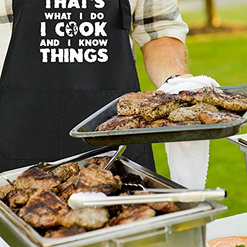 Rosoz Funny BBQ Black Chef Aprons for Men, Adjustable Kitchen Cooking Apron | I Cook and I Know Things, Adjustable, 2 Pockets, Long Ties, Waterproof Oil Proof , Husband Dad Papa Grilling Gifts