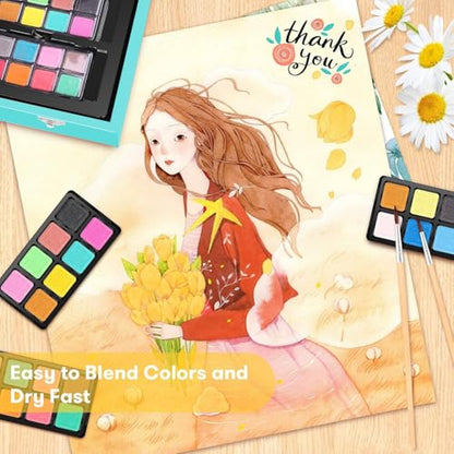 iBayam 150-Pack Deluxe Art Supplies with 1 Coloring Book, 2 Sketch Pads | All-in-one art kit with pencils, pastels & watercolors in a wooden case. Safe, non-toxic, perfect for kids & adult beginners. - color: Teal
