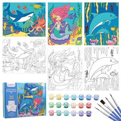goldentime 3 Pack Kids Paint by Numbers Ages 4-8-12 Includes 8x10 inch Framed Canvas with 19 Acrylic Paints, 5 Brushes Fun and Easy Predrawn Canvas for Painting Kids - color: seaworld