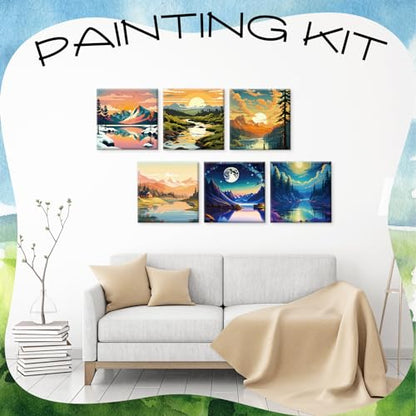 Motipuns 12 Set Landscape Pre Drawn Canvas for Paint for Adults | 8 x 8 Inch, Sip and Paint Party Kit, Pre Printed Framed Canvas with Easels Paints Brushes Aprons, Party Adult Art Supplies - style: Landscape