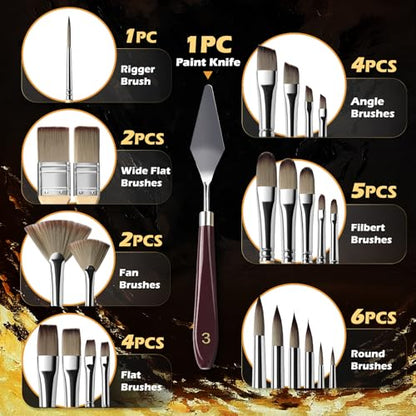 Acrylic Paint Brush Set, Golden Maple 25 PCS Paint Brushes for Acrylic Painting Oil Watercolor & Canvas,Enhanced Synthetic Brush Set with Cloth Roll and Palette Knife