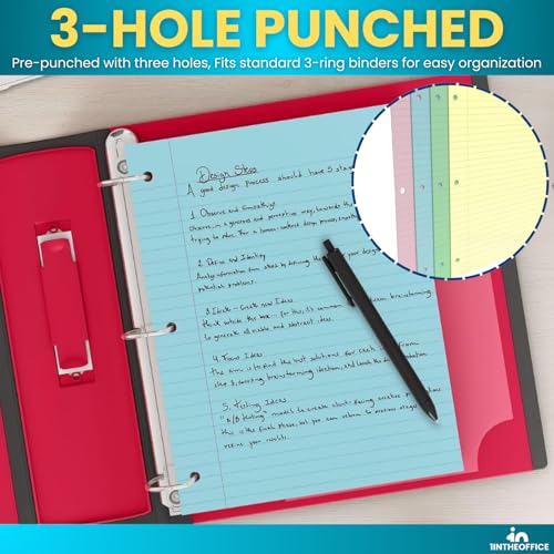 1InTheOffice Colored Notebook Paper 8.5x11, Wide Ruled, Lined Loose Leaf Paper, Pastel, 200/Pack