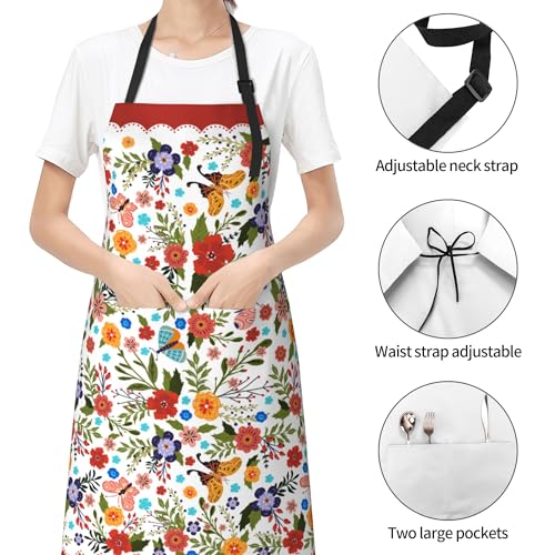 Funny Apron Polyester Grooming Aprons with Pocket for Cooking Kitchen Grilling Adults - color: Spring Flowers Red