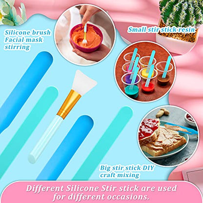 10 Pieces Reusable Stir Sticks Kit Include 2 Pieces Silicone Spatula Scraper 2 Pieces Silicone Facial Epoxy Brush 6 Pieces Plastic Resin Sticks Stirring Makeup Stick for Mixing Resin Epoxy Liquid