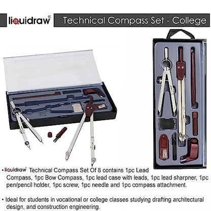 Liquidraw Technical Drawing Professional Set - 8 Piece | Includes Metal Compass With Spring Bow Head Dividers | Ideal Maths Drafting, Geometry Tools for School, Engineering, Architecture & Woodworking