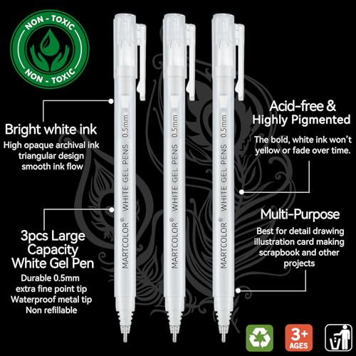 MARTCOLOR White Gel Pens, 3 Pack 0.5mm Extra Fine Point White Gel ink Pens | Opaque Archival Ink Pen for Black Paper Drawing, Art Highlight, Illustration, Bullet Journaling, Card Making & DIY Projects - style: White - 0.5mm