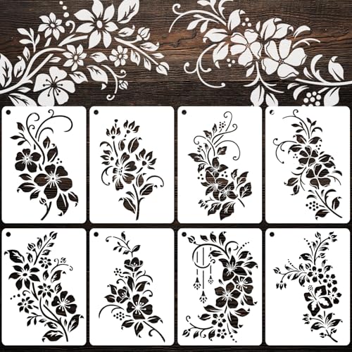 YKW 8 Pack Floral Stencils for Painting, Reusable Plant Spray Paint Templates - Large 11x8 Flower Patterns for Wall, Fabric, Wood,Stone - DIY Home Decor (Plant-Flower) - style: Plant-flower