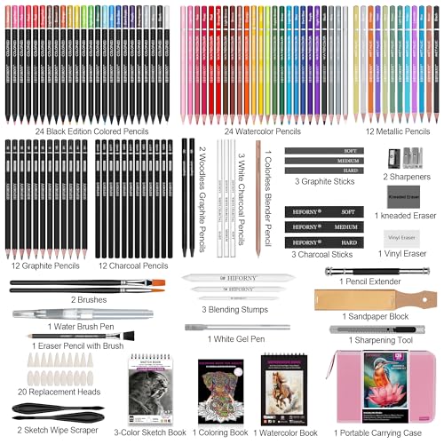 HIFORNY 136 PCS Drawing & Sketching Set,Pro Art Supplies with Graphite,Charcoal,Colored,Watercolor,Metallic Pencils,Blending Tools,Sketchbook,Watercolor Book and Coloring Book in Zipper Case (Pink) - color: Pink