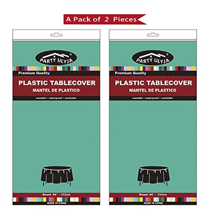 Teal Plastic Tablecloths 2 Pack Disposable Table Covers 84 Inch Circle Bridal Shower Party Tablecovers PEVA Vinyl Table Cloths for BBQ Picnic Birthday Wedding Banquet Parties 6 ft Round Table Use - color: B02 Teal