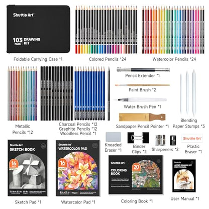 Shuttle Art 103 PCS Drawing Kit, Professional Drawing Supplies with Sketch, Charcoal, Colored, Graphite, Pastel Pencils & Sticks, Complete Drawing Tools and Paper Pads in Zipper Case for Artists&Kids