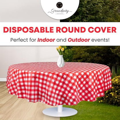 Grandipity Plastic Table Cloth Disposable 12 Pack 84" Round Red Gingham | Plastic table covers, durable disposable tablecloths, fade and tear-resistent table cover for party, event - color: Red Gingham Checkered, size: 84in. Round