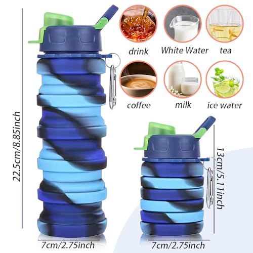 Silicone Collapsible Water Bottles, 16oz 500ml Portable Foldable Expandable Water Bottle Sports Cups, Leak Proof Reusable BPA Free, for Outdoor Activities Travel (Blue-B) - color: Blue-B