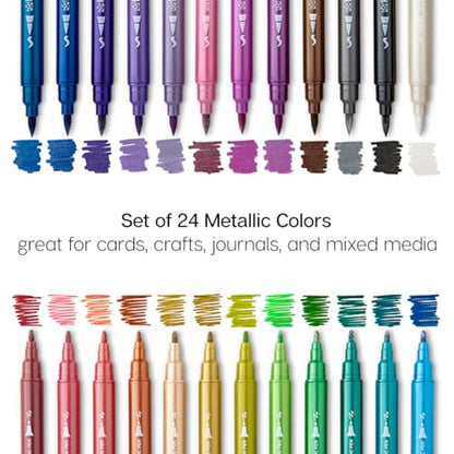 KINGART 24 Metallic Dual Tip Brush + Fine Markers - Easy for All Ages & Levels Pens for Card Making, Journaling, Scrapbooking, Fabric, Rock, Glass, DIY, Black Paper, Art Supplies, Halloween, Christmas