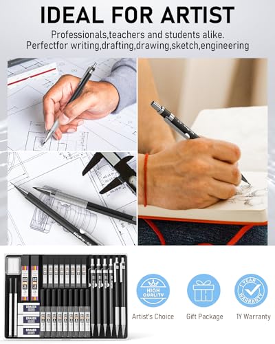 Nicpro 34PCS Black Art Mechanical Pencils Set, Metal Automatic Pencil 0.3, 0.5, 0.7, 0.9 mm & 2PCS 2mm Lead Holder (6B 4B 2B HB 2H 4H Colors) For Sketching Drawing With 19 Tube Lead Refills Case - color: Black 34