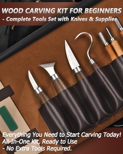 Wood Carving Kit Whittling Kit: Wood Carving Knife Tools with Leather Case | Deluxe Woodworking Hobby Kit for Beginners Adult Kids, Relaxing Creative Projects, DIY Art Craft Gift for Men Teens - color: Brown