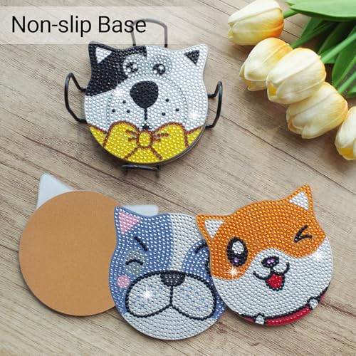 Vcekract 6 Pcs Dog Diamond Art Coasters Kit for Adults | Diamond Painting Coasters with Holder & Protective Backing, Diamond Art Adult Crafts for Table Home Decoration - color: Dog Coasters