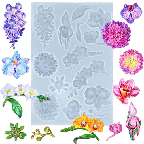 Flower Fondant Mold for Air Dry Clay Crafts 14-Cavity - color: Flower (Orchid Wisteria Dahlia) 14-cavity #5592