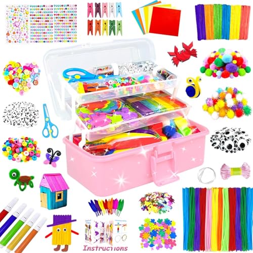 3000 Arts and Crafts Supplies for Kids Craft Kit All in 3 Layered Craft Box with Pipe Cleaners Crafts for Kids Age 4-6, 6-8, 8-12 DIY School Supplies Materials Set Toys Gifts for Girls Boys, Pink - color: pink