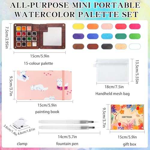Mini Watercolor Paint Set - 15 Color Travel Watercolor Kit, Pocket Watercolor Paint Palette Set with Watercolor Book, Binder Clips, Pens, Storage Bag, Wooden Paint Box for Painters Artists Student - color: Pink Cat