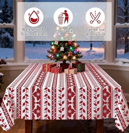 HEIPINIUYE 3 Pack Christmas Tablecloth Disposable 54 x 108 Inch Red and White Xmas Plastic Table Cloth Disposable Rectangle Table Cover for Christmas Birthday Picnic Party Xmas Tablecloths - color: Christmas Tablecloth Disposable, size: 3 Pack