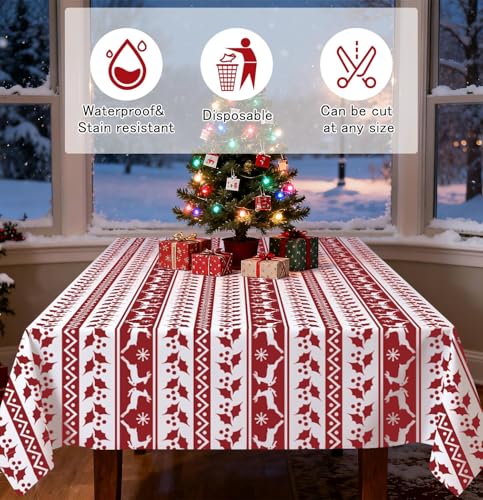HEIPINIUYE 2 Pack Christmas Tablecloth Disposable 54 x 108 Inch Red and White Xmas Plastic Table Cloth Disposable Rectangle Table Cover for Christmas Birthday Picnic Party Xmas Tablecloths - color: Christmas Tablecloth Disposable, size: 2 Pack