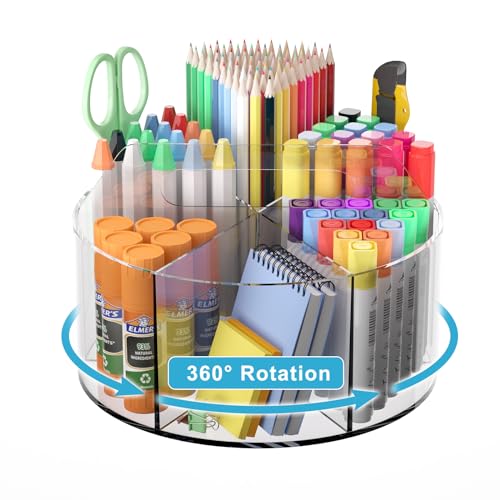 Rotating Markers Organizer for Kids, Acrylic Lazy Susan Organizers for Desks, 360 Degree Spinning Pencil Holders Pen Holders, Clear Arts and Crafts Organizer Storage, Art Supply Storage 6 Compartments - size: Large x1