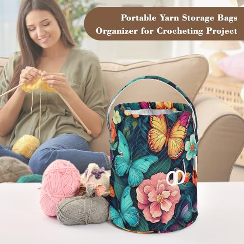 Blue Butterfly Flowers Yarn Bag Small Crochet Bag Drawstring Yarn Storage Organizer Knitting Project Bags Potable Yarn Holder with Holes Handle Crocheting Needles Knitting Accessories - color: Blue Butterfly Flowers