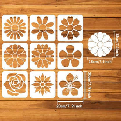 FINGERINSPIRE 9PCS Flowers Stencils for Painting 7.9x7.9inch Large Flowers Petals Drawing Templates Plastic PET Rose Daisy Flower Painting Stencils Plant Theme Templates for Wood Fabric - color: Flowers