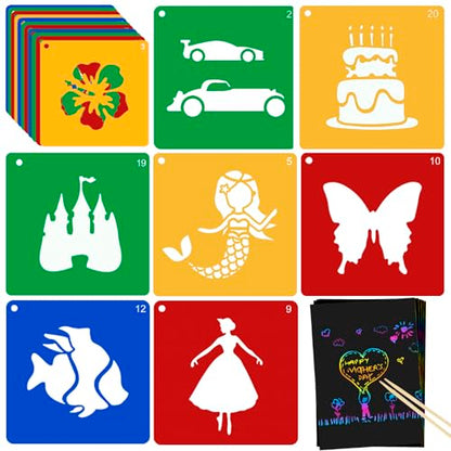 20 Pcs Stencils for Kids Stencil for Painting 8" Chalk Stencils Kids Style | Large Reusable Shape Template with 5 Pcs Scratch Paper, Sidewalk Chalk Stencil Ideal for Kids Outside Crafts Painting Drawing