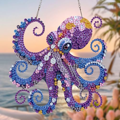 Muzagroo Art Diamond Art Kits for Adults, 5D Diamond Painting Kits for Beginners, DIY Special Shaped Diamonds Art Hanging Ornament for Windows 2 PCS Animals Diamond Pendant (Octopus) - color: Octopus