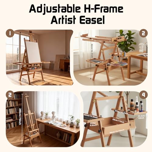 Beech Wood H-Frame Easel for Painting with Tray & Drawer, Natural | Heavy-duty Floor Adjustable Height & Angle Studio Art Easel Stand, Holds 30"-50" Canvas, Foldable Painting Easel for Adults - color: Natural