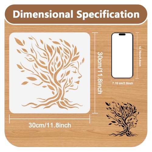 Tree Woman Face Stencil for Painting, 11.8"x11.8" Plastic Tree of Life Stencil Drawing Templates, Woman Leaves DIY Craft Paint Template for Wall Home Decor Wood Burning Card Journal Paper | 11.8" x 11.8" Plastic Craft Stencil, Tree Woman Wall Stencil, DIY