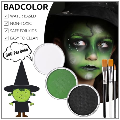 White Black Green Face Body Paint with Painting Brushes Halloween Makeup Set, Water Based Facepaint for Kids Adults Party for Witch Shrek Alien Grinch Hulk Costume Cosplay Special Effects Make Up - color: Black+White+Green+3Pcs Brushes