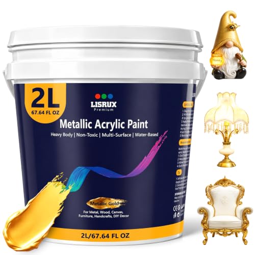 LISRUX Metallic Gold Acrylic Paint, 67.64oz/2000ml Large Gold Leaf Paint, Non Toxic, Non Fading & Rich Pigment Gold Paint for Metal, Wood, Canvas, Furniture, Clay, Handcrafts & DIY Decor