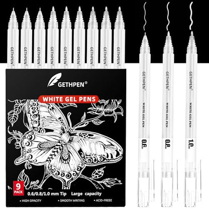 GETHPEN 9 Pack White Gel Pens, 0.6/0.8/1.0mm Fine Opaque Archival Ink Pens - size: 1 Count (Pack of 9), style: 9 Pack White
