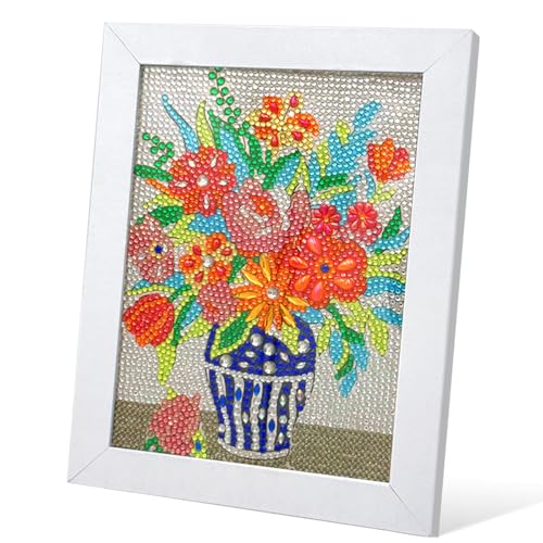 QIOUOL Flower Diamond Art Painting Kits for Kids Adults Beginners with Wooden Frame Girls Art Crafts Rhinestone Gem by Number Kits,Diamond Art Kits for Teens,Birthday Gifts and Office Decor - color: Vase with frame